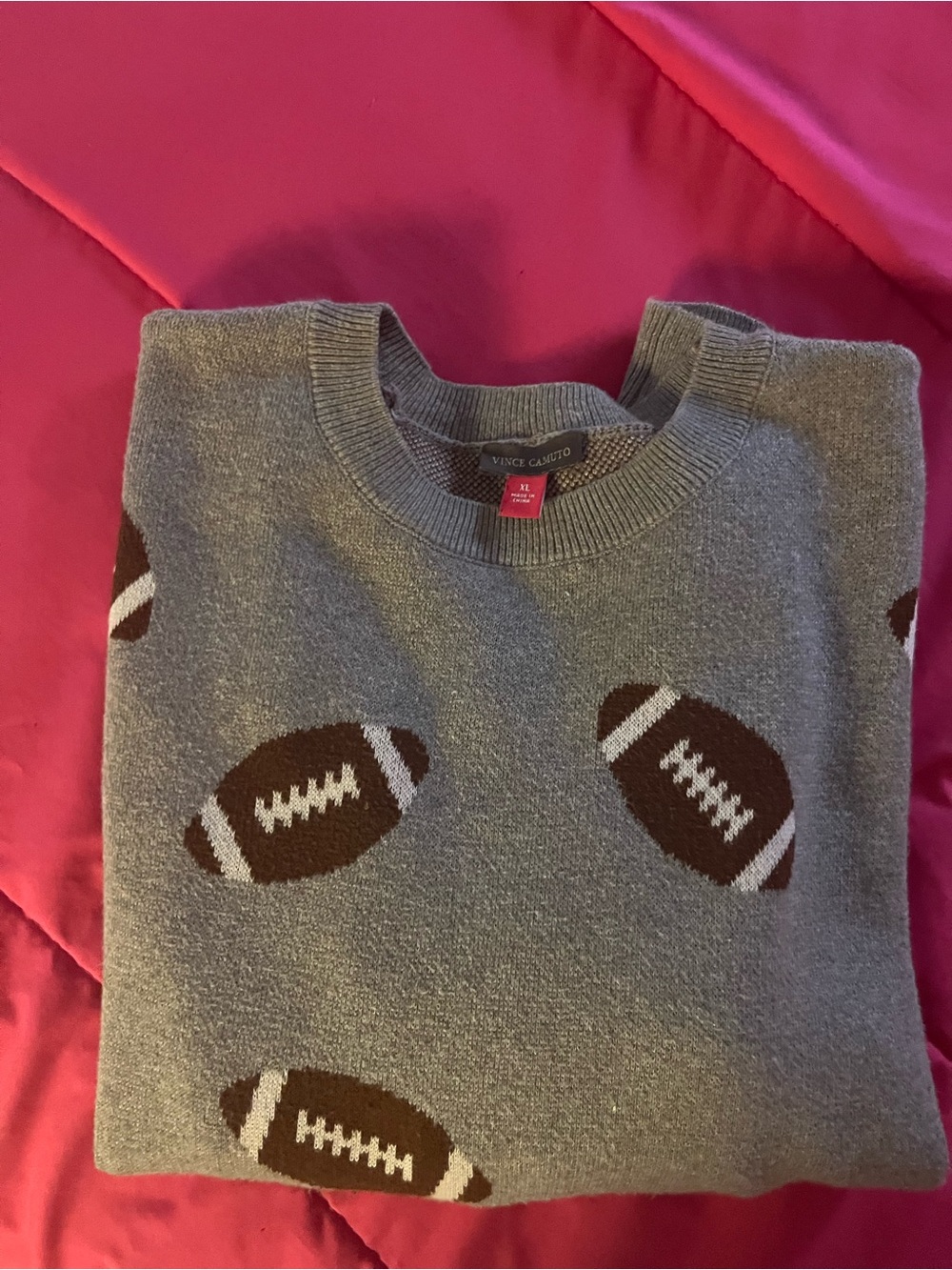 Vince Camuto Gray Crewneck Sweater with Brown Football Motif